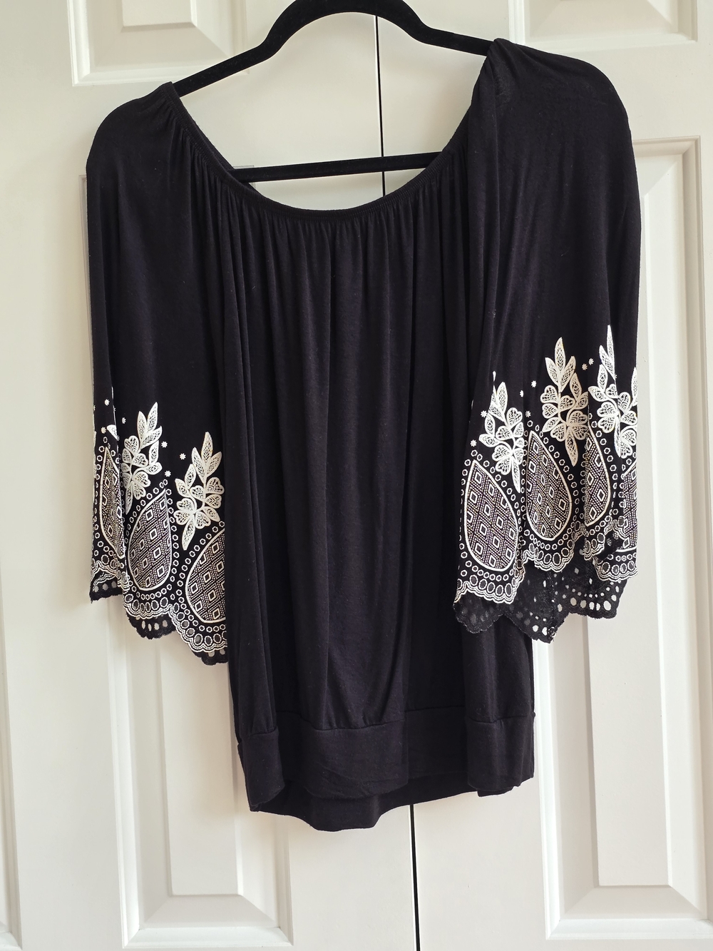 Black Peasant Tunic with White Embroidered Sleeves